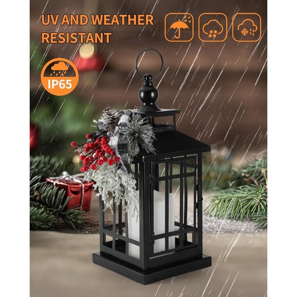 New Metal Black Christmas Lantern with Flameless Candle, Rustic Holiday Decor - Picture 5 of 7